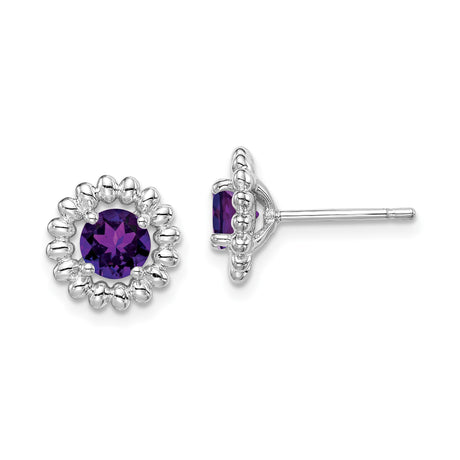 Sterling Silver Stud Earrings with Round Amethyst in Beaded Floral Halo Design