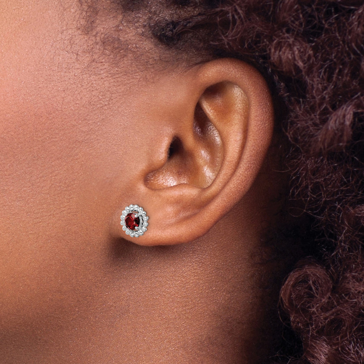 Sterling Silver Garnet Halo Stud Earrings Beaded Setting