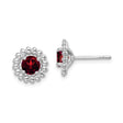 Sterling Silver Stud Earrings with Round Cut Deep Red Garnet Gemstone in Beaded Halo Setting, Elegant Classic Design for Women, Minimalist Formal Jewelry, Timeless Silver Studs for Daily Wear