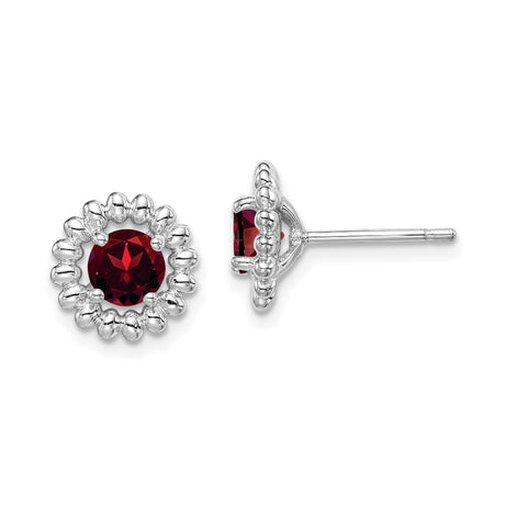 Sterling Silver Stud Earrings with Round Cut Deep Red Garnet Gemstone in Beaded Halo Setting, Elegant Classic Design for Women, Minimalist Formal Jewelry, Timeless Silver Studs for Daily Wear