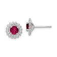 Sterling Silver Womens Stud Earrings with Round Red Gemstones in Beaded Halo Setting, Lab Created Ruby Studs, Modern Lightweight Design, Elegant Feminine Silver Halo Studs for Daily Wear