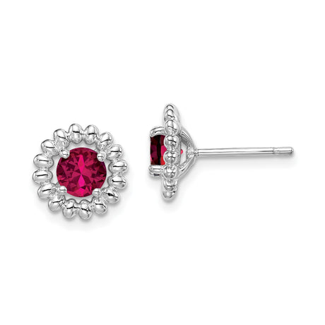 Sterling Silver Womens Stud Earrings with Round Red Gemstones in Beaded Halo Setting, Lab Created Ruby Studs, Modern Lightweight Design, Elegant Feminine Silver Halo Studs for Daily Wear