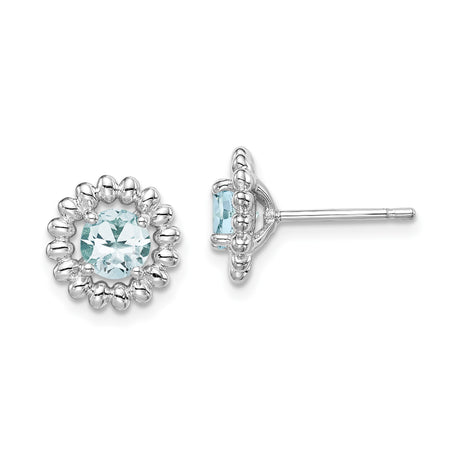 Sterling Silver Stud Earrings with Aquamarine in Floral Beaded Halo Setting