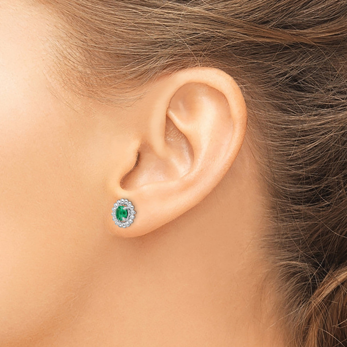 Sterling Silver Stud Earrings with Created Emerald in Beaded Floral Halo Setting