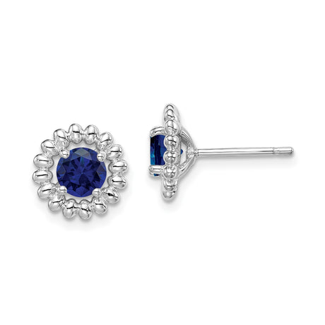 Sterling Silver Stud Earrings with Created Sapphire in Beaded Floral Halo Setting