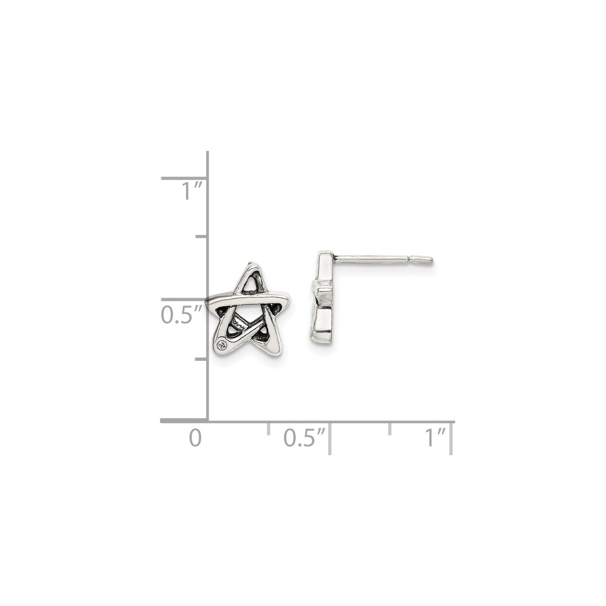 Sterling Silver Star Stud Earrings with Openwork Pentagram and Cubic Zirconia Accent