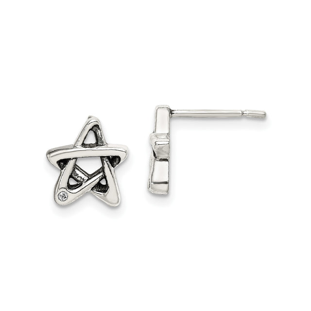 Sterling Silver Star Stud Earrings with Openwork Pentagram and Cubic Zirconia Accent