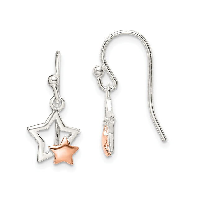 Sterling Silver Dangle Earrings with Rose Gold Tone Double Open Star Design for Women