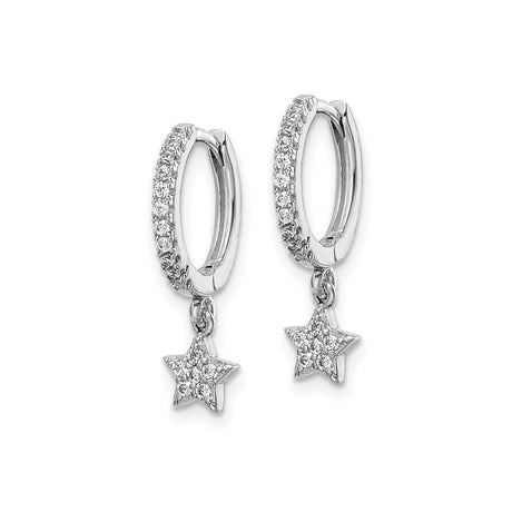 Sterling Silver Hoop Earrings with Dangling Star Charm, Cubic Zirconia Accent, Celestial Style