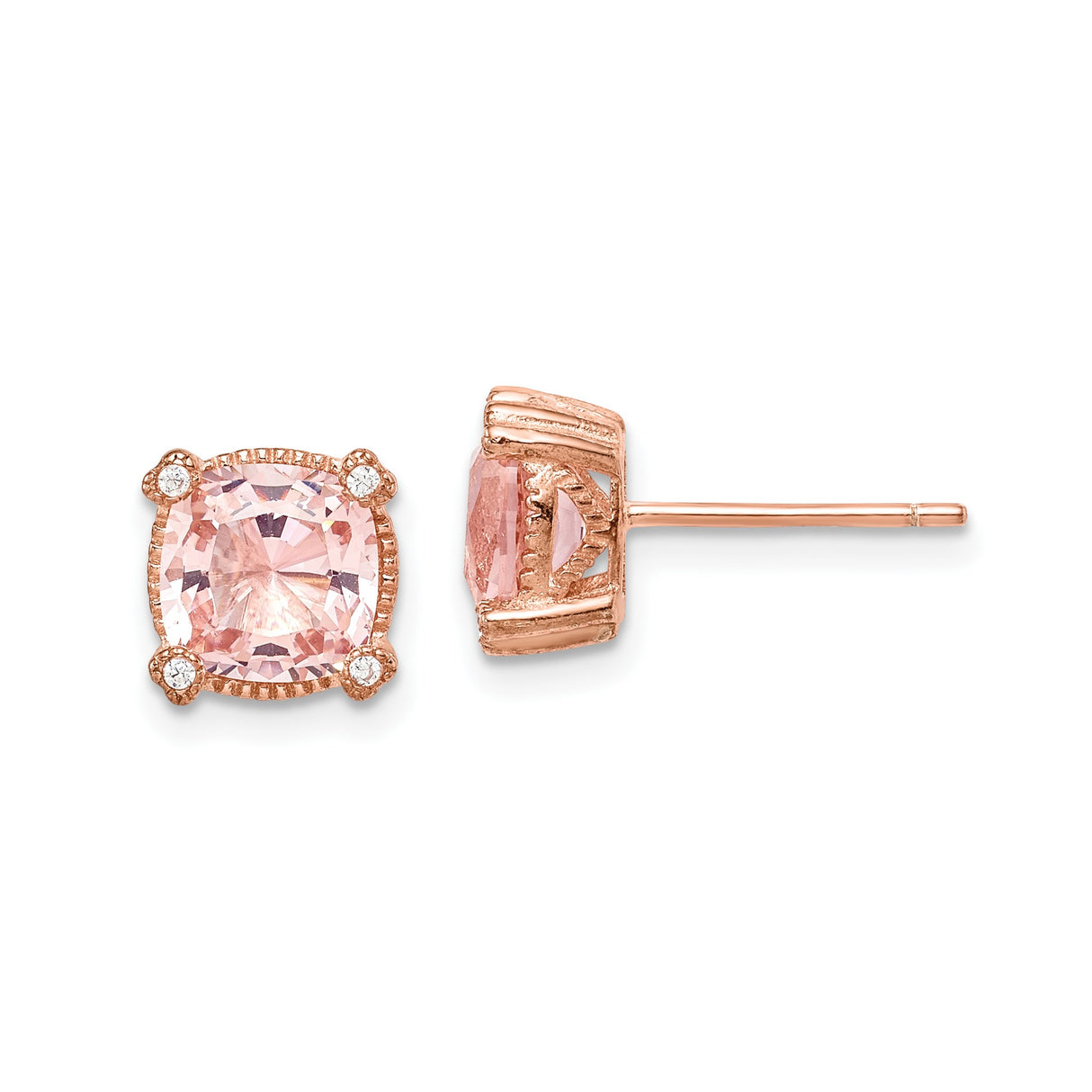 Sterling Silver Stud Earrings with Cushion Cut Pink Crystal and Cubic Zirconia Accents