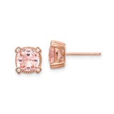 Sterling Silver Stud Earrings with Cushion Cut Pink Crystal and Cubic Zirconia Accents