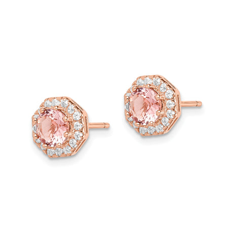 Sterling Silver Stud Earrings with Pink Stone and Cubic Zirconia Halo in Octagon Setting