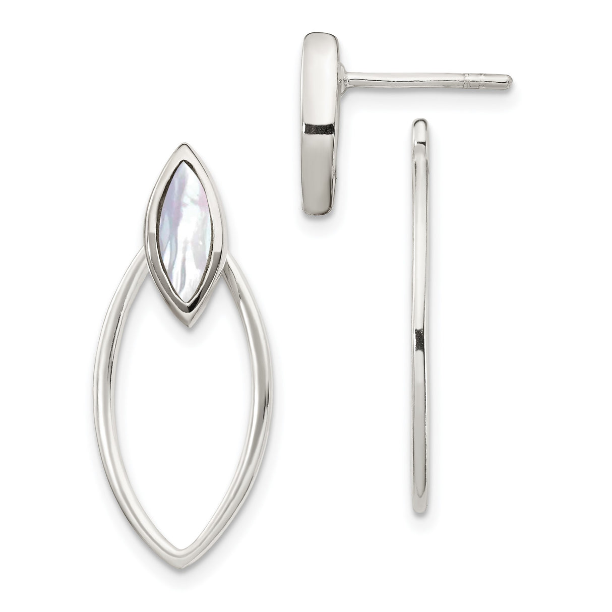 Sterling Silver Drop Earrings with Marquise Mother-of-Pearl Inlay, Open Teardrop Design
