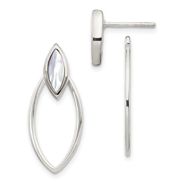 Sterling Silver Drop Earrings with Marquise Mother-of-Pearl Inlay, Open Teardrop Design