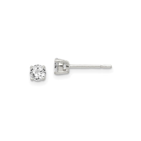 Sterling Silver Stud Earrings with 4mm Round Cut Clear Cubic Zirconia in Classic Four Prong Setting, Minimalist Silver Jewelry for Women, Daily Wear Elegant Studs for Casual or Formal Outfits
