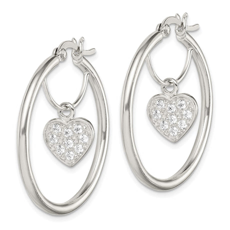 Sterling Silver Hoop Earrings with Dangling Heart Charm and Cubic Zirconia