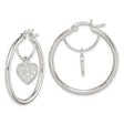 Sterling Silver Hoop Earrings with Dangling Heart Charm and Cubic Zirconia