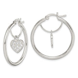 Sterling Silver Hoop Earrings with Dangling Heart Charm and Cubic Zirconia