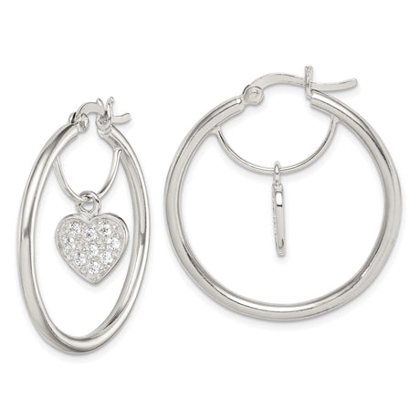 Sterling Silver Hoop Earrings with Dangling Heart Charm and Cubic Zirconia