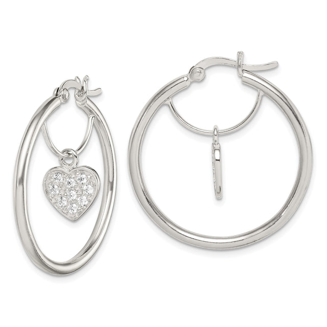 Sterling Silver Hoop Earrings with Dangling Heart Charm and Cubic Zirconia