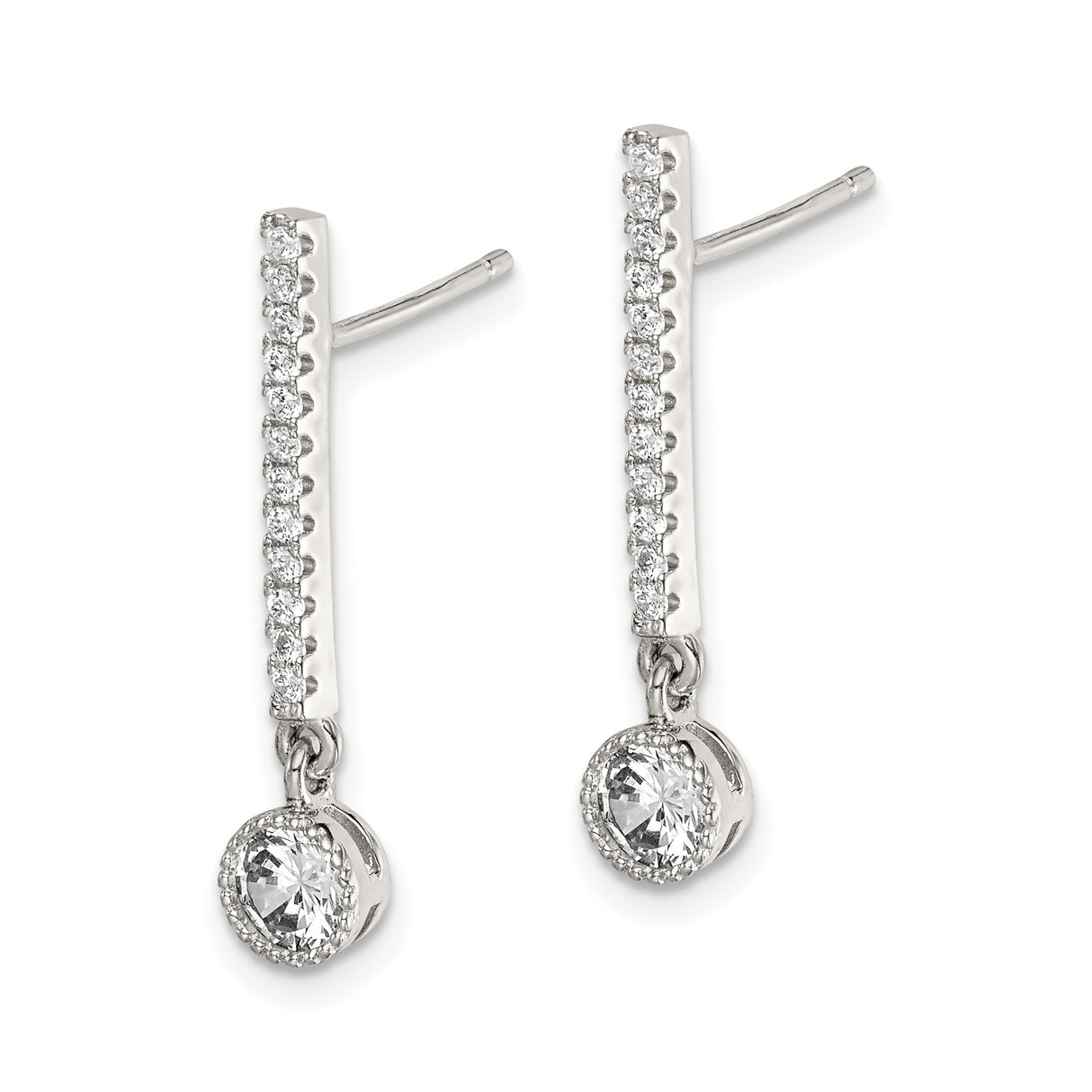 Sterling Silver Dangle Earrings with Cubic Zirconia, Solitaire Drop and Pavé Vertical Line Design