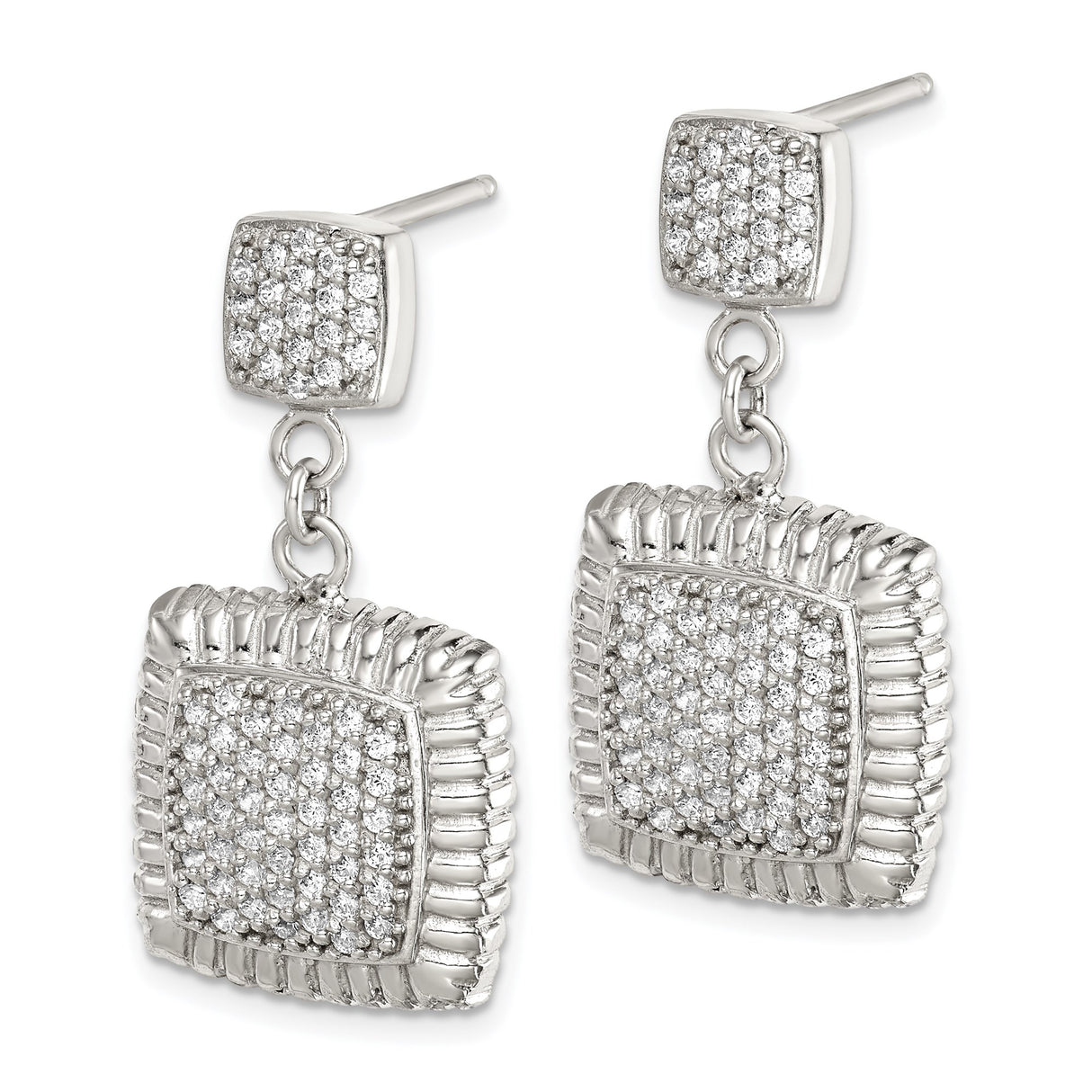Sterling Silver Dangle Earrings with Cubic Zirconia, Square Double Drops, Textured Border