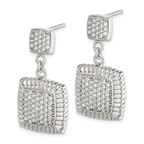 Sterling Silver Dangle Earrings with Cubic Zirconia, Square Double Drops, Textured Border