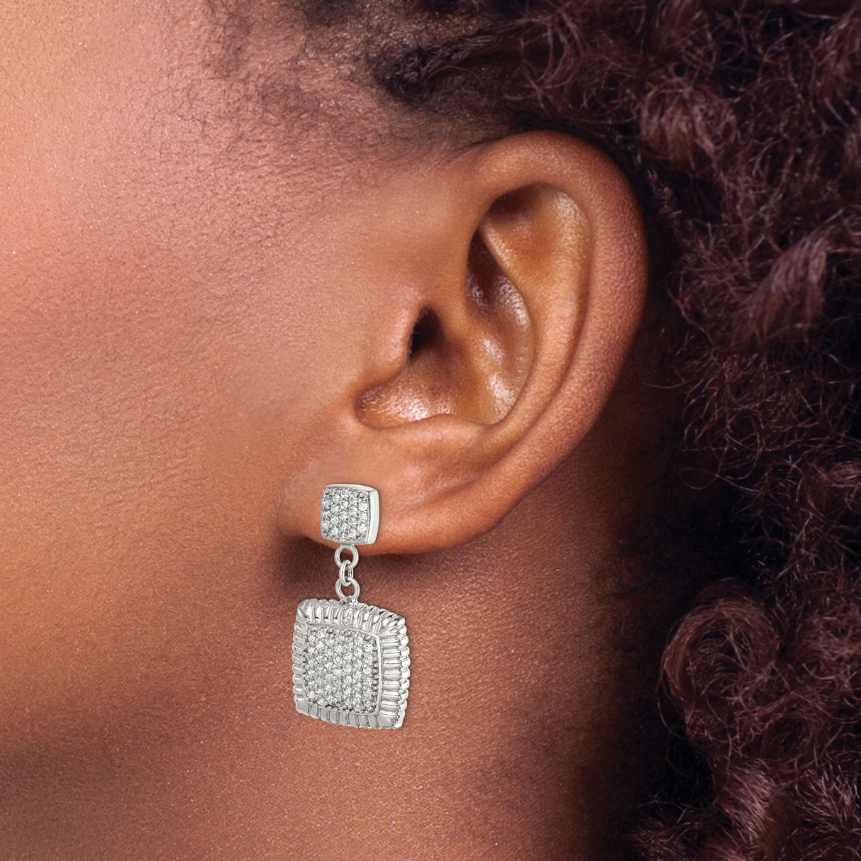Sterling Silver Dangle Earrings with Cubic Zirconia, Square Double Drops, Textured Border