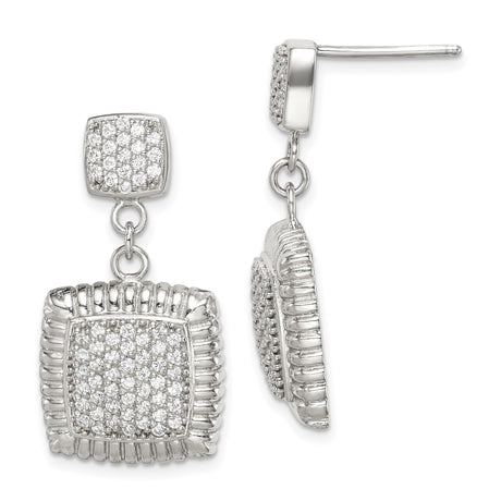 Sterling Silver Dangle Earrings with Cubic Zirconia, Square Double Drops, Textured Border