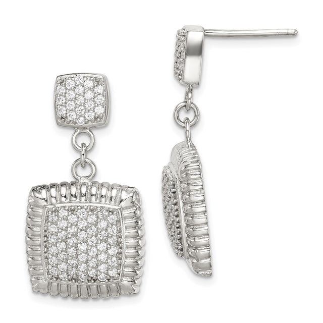 Sterling Silver Dangle Earrings with Cubic Zirconia, Square Double Drops, Textured Border