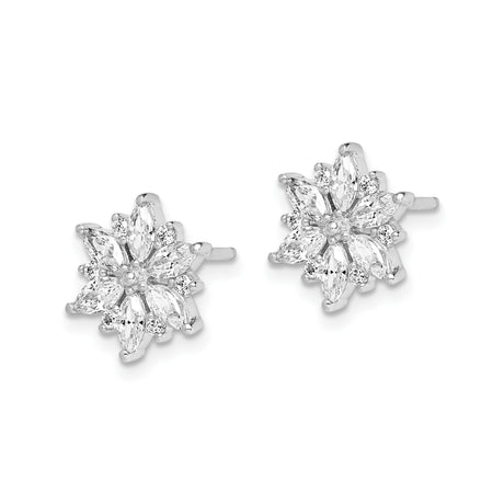 Sterling Silver Flower Stud Earrings with Marquise and Round Cubic Zirconia