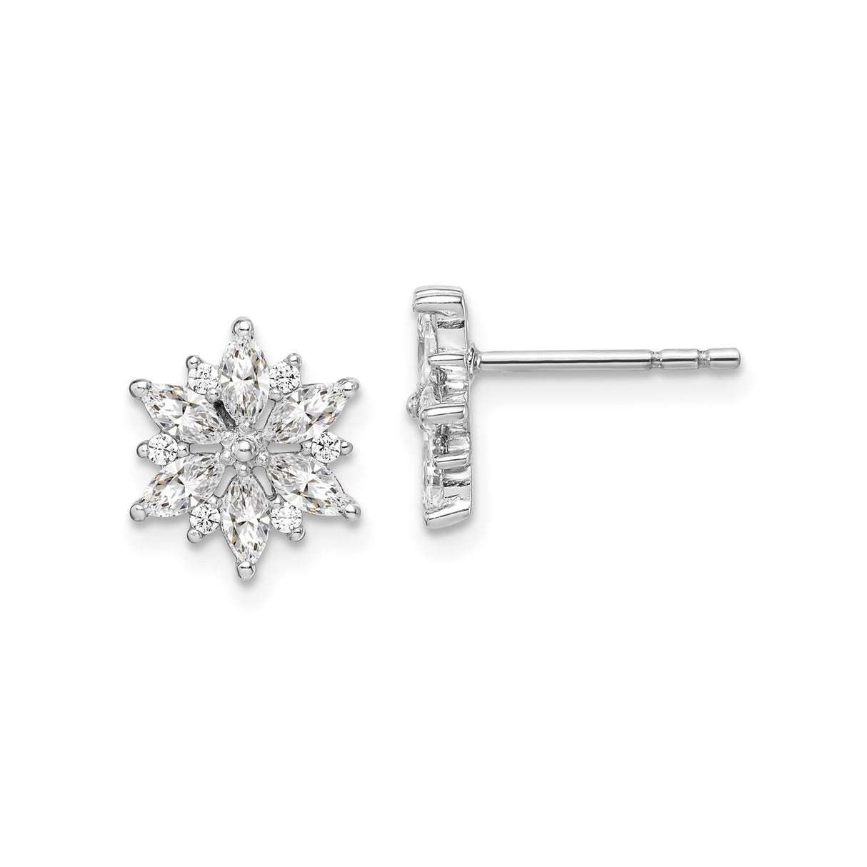 Sterling Silver Flower Stud Earrings with Marquise and Round Cubic Zirconia
