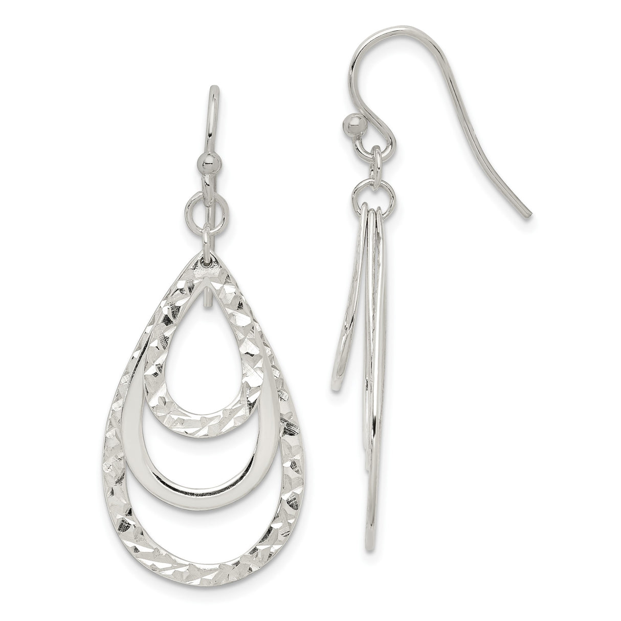 Sterling Silver Dangle Earrings, Layered Open Teardrop with Hammered and Polished Textures