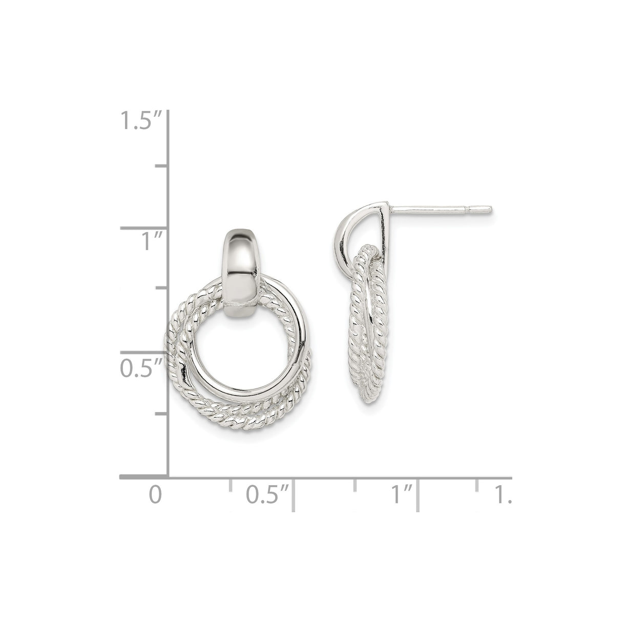 Sterling Silver Double Circle Stud Earrings with Polished and Twisted Rope Design