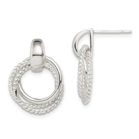 Sterling Silver Double Circle Stud Earrings with Polished and Twisted Rope Design