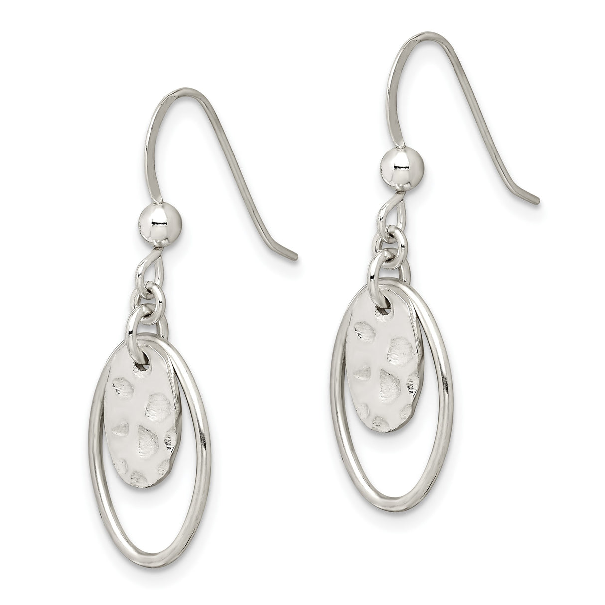 Sterling Silver Dangle Earrings with Open Oval Hoops and Hammered Charms, Modern Minimalist Style