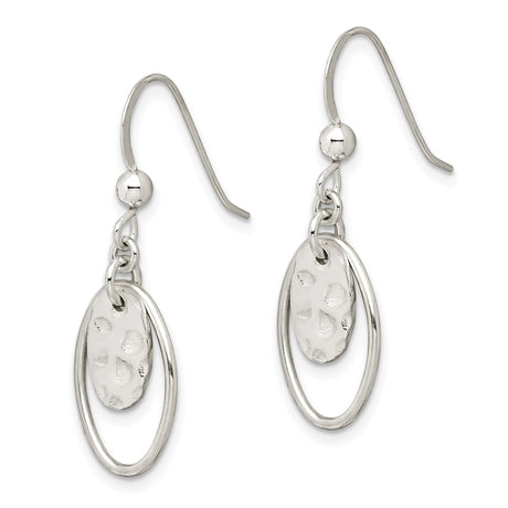 Sterling Silver Dangle Earrings with Open Oval Hoops and Hammered Charms, Modern Minimalist Style