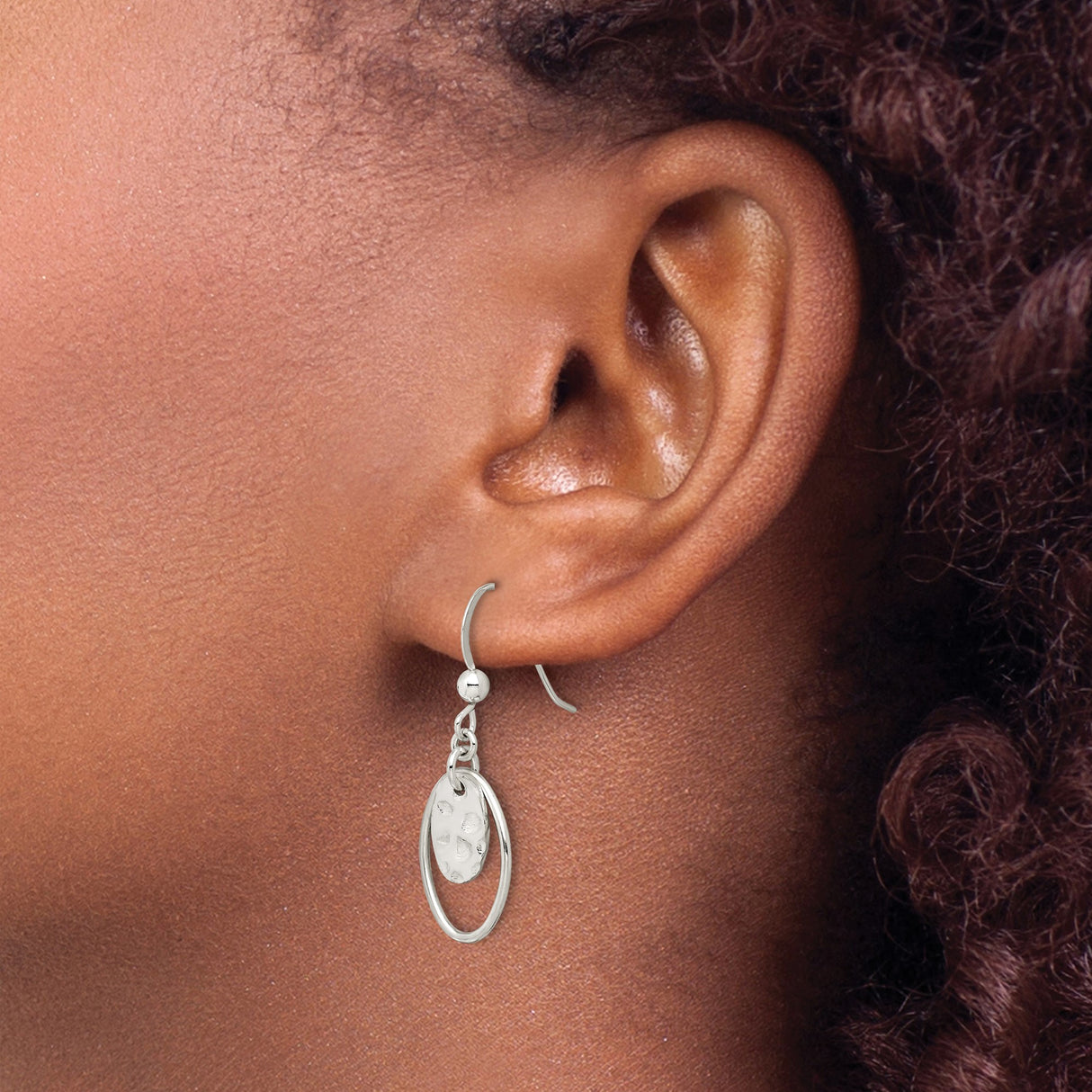 Sterling Silver Dangle Earrings with Open Oval Hoops and Hammered Charms, Modern Minimalist Style