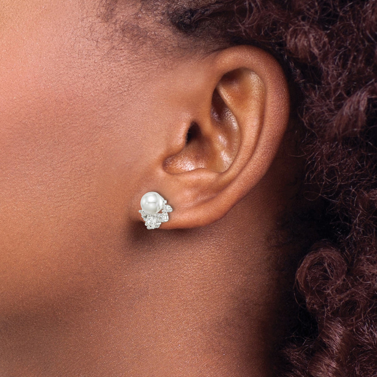 Sterling Silver Pearl Stud Earrings with Cubic Zirconia Cluster Design for Women