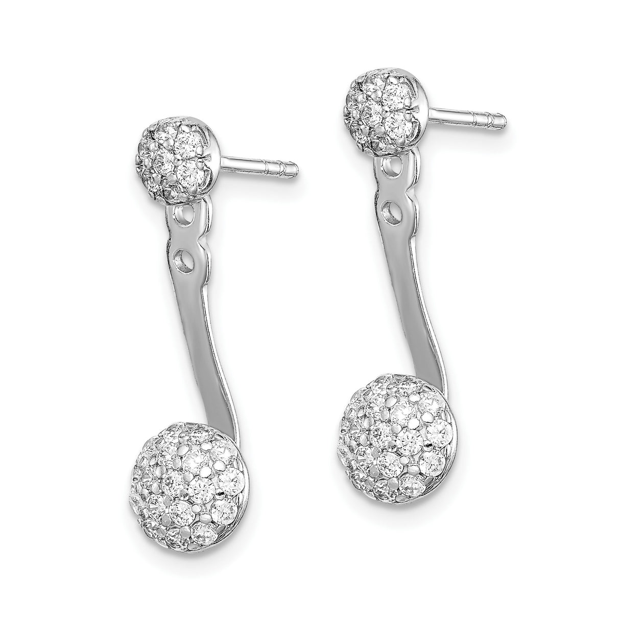 Sterling Silver Jacket Earrings with Cubic Zirconia, Dual Ball Drop Front-Back Design
