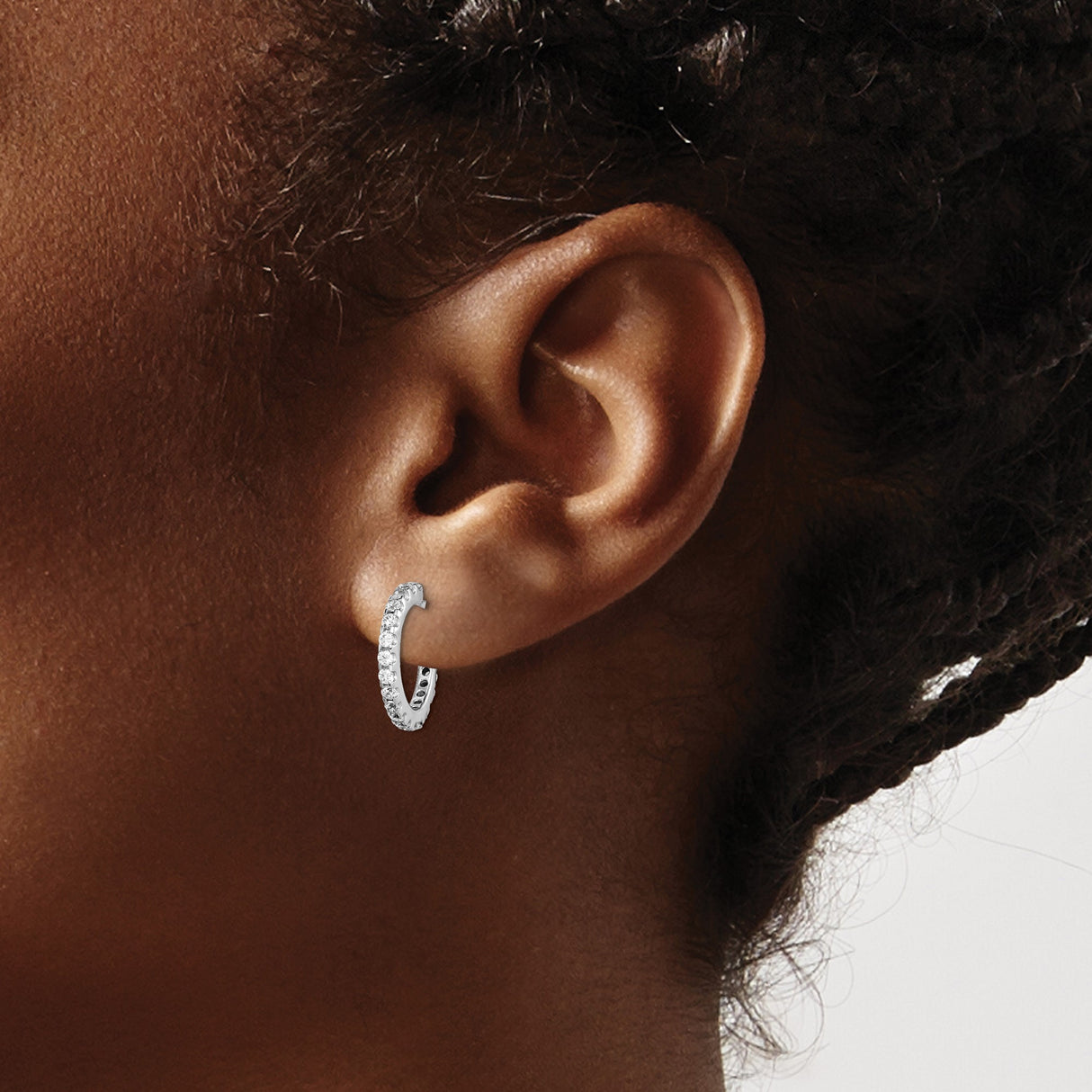 Sterling Silver Half Hoop Earrings with Cubic Zirconia in Shared Prong Setting, J-Hoop Design