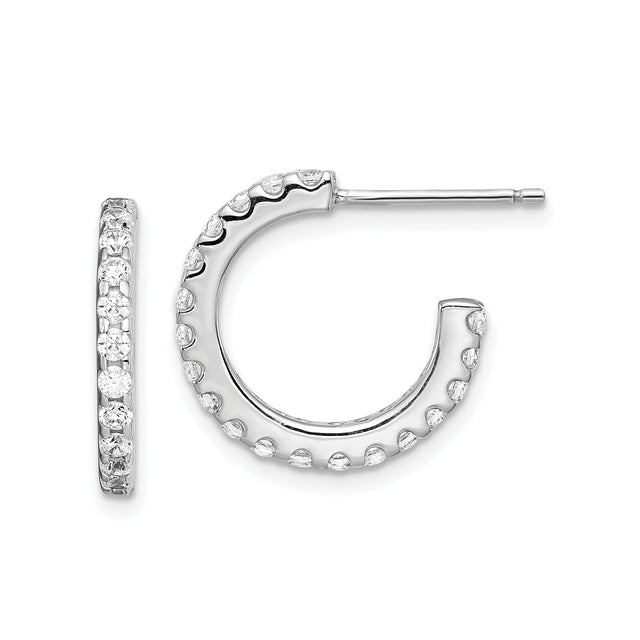 Sterling Silver Half Hoop Earrings with Cubic Zirconia in Shared Prong Setting, J-Hoop Design