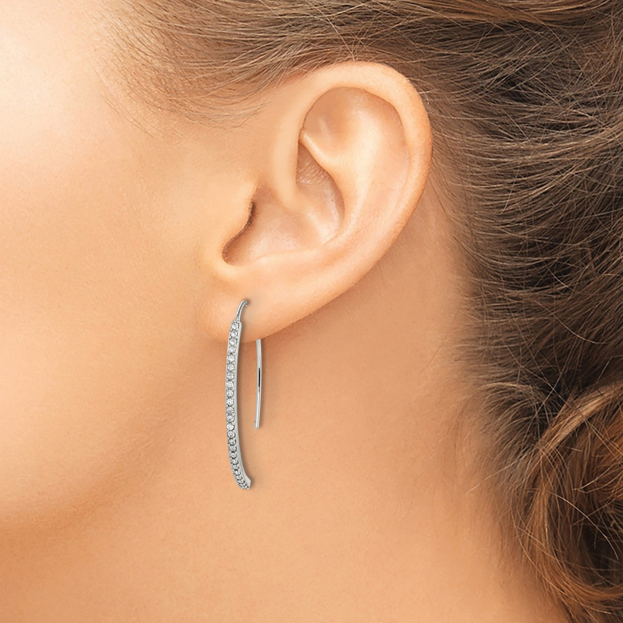 Sterling Silver Threader Earrings with Cubic Zirconia Accents, Curved Linear Minimalist Design