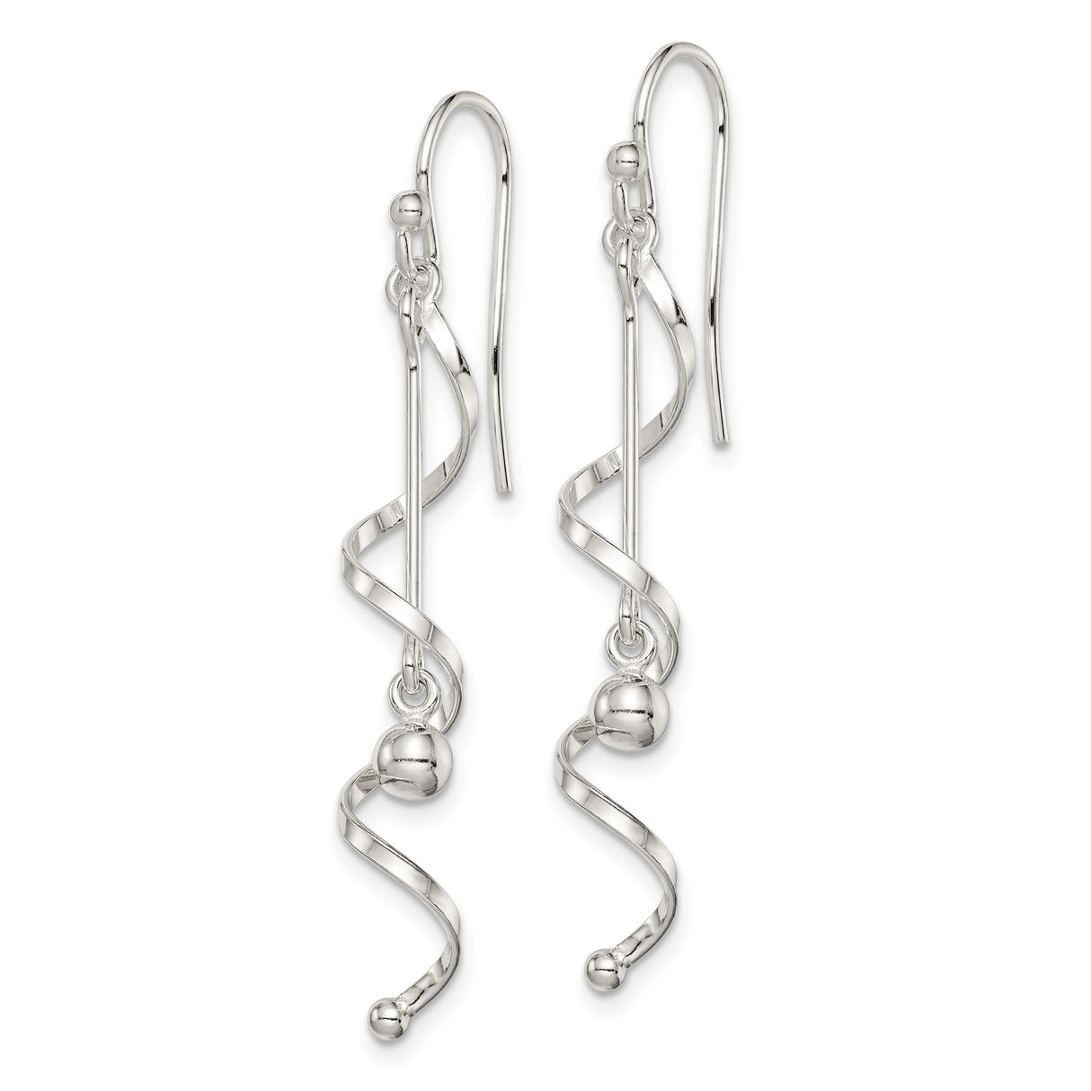 Sterling Silver Spiral Drop Earrings with Polished Bead, Modern Minimalist Dangle Design