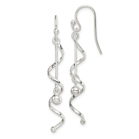 Sterling Silver Spiral Drop Earrings with Polished Bead, Modern Minimalist Dangle Design