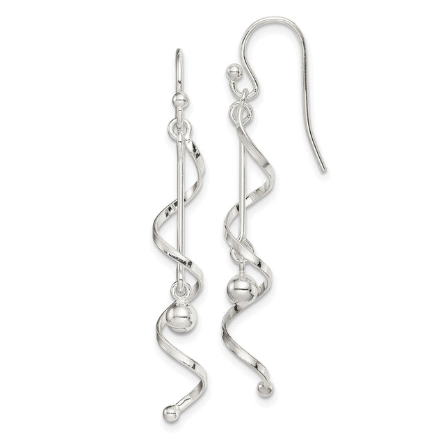 Sterling Silver Spiral Drop Earrings with Polished Bead, Modern Minimalist Dangle Design