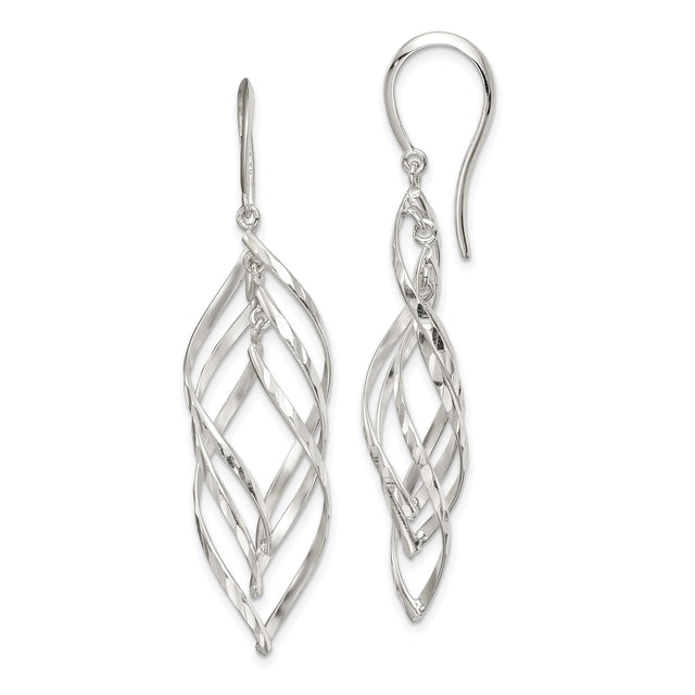 Sterling Silver Dangle Earrings with Twisted Open Leaf Design and Interwoven Wire Detailing