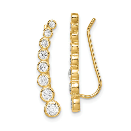 Sterling Silver Ear Climbers with Cubic Zirconia, Gold Plated, Graduated Bezel Set Design