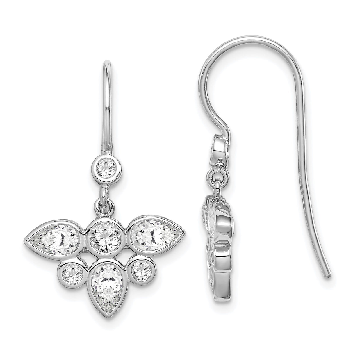 Sterling Silver Dangle Earrings with Teardrop Cubic Zirconia, Floral Cluster Design