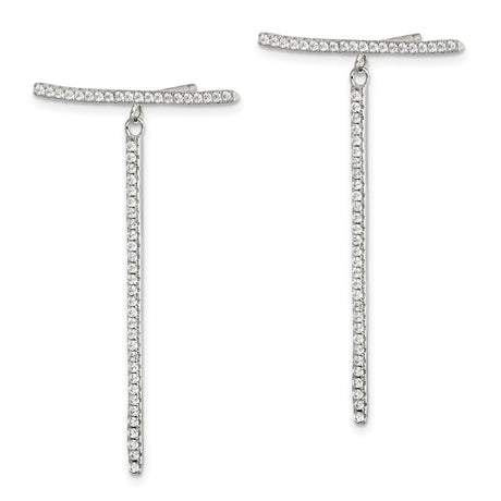 Sterling Silver Dangle Earrings with Cubic Zirconia, Minimalist Linear Bar Drop Design